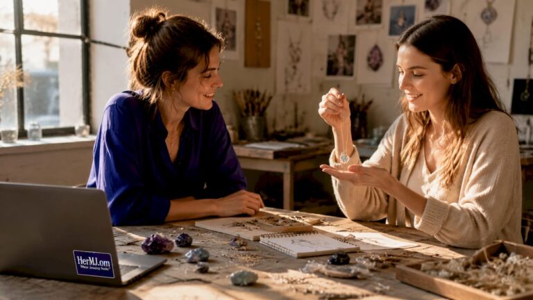 Jewelry designer consulting client with sketches and gems