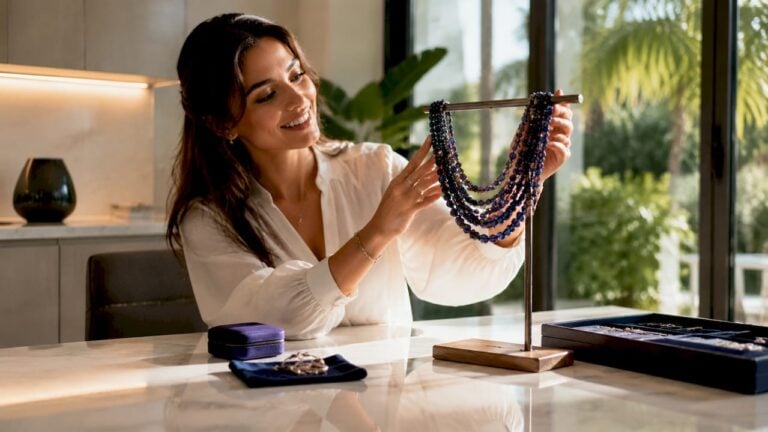 Woman choosing a statement necklace at vanity