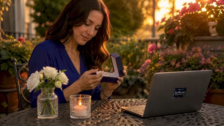 Woman opening pearl gift necklace at home table