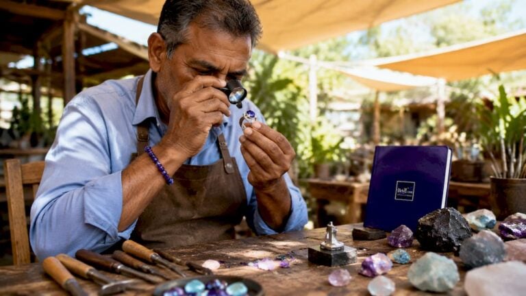 Jeweler inspecting custom gemstone ring in workshop