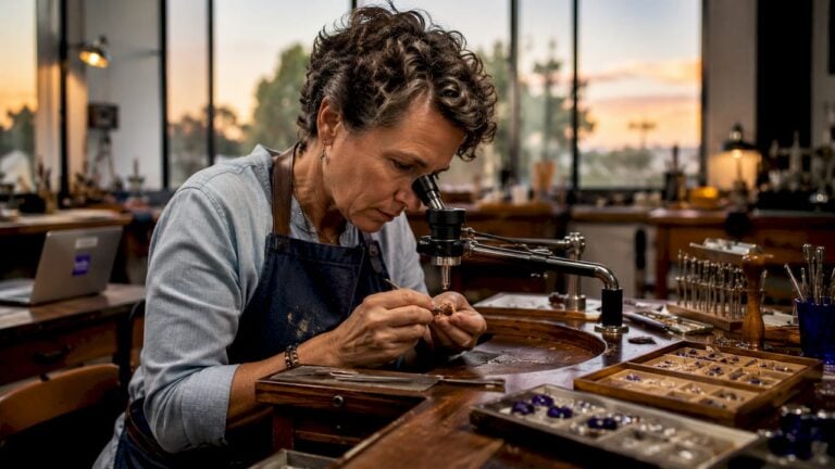 Jeweler crafting gold ring at workshop bench