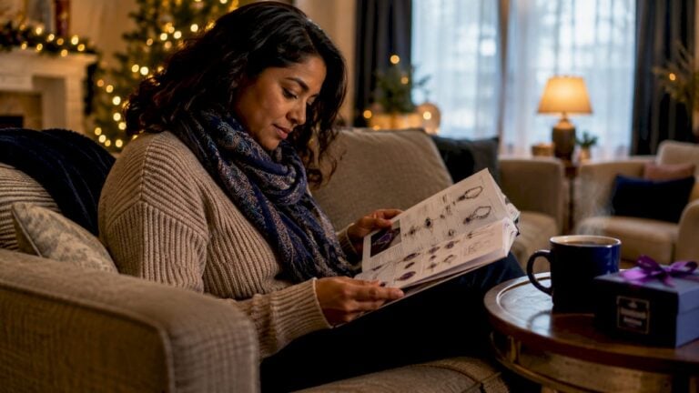 Woman browsing gemstone holiday jewelry catalog