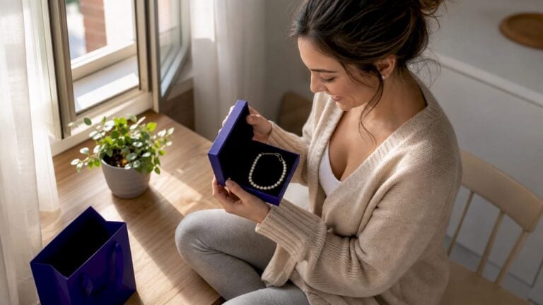 Woman unboxing meaningful jewelry gift at home