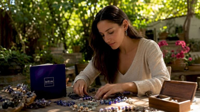 Woman selecting artisan gemstone jewelry at home