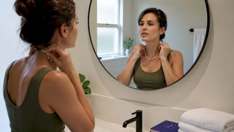 Woman wearing a pearl necklace at vanity