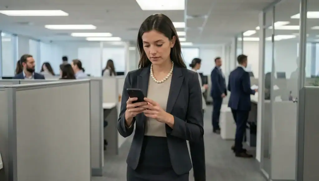 How to Style Pearl Jewelry for Everyday Elegance Businesswoman wearing pearls while on her cell phone in office.