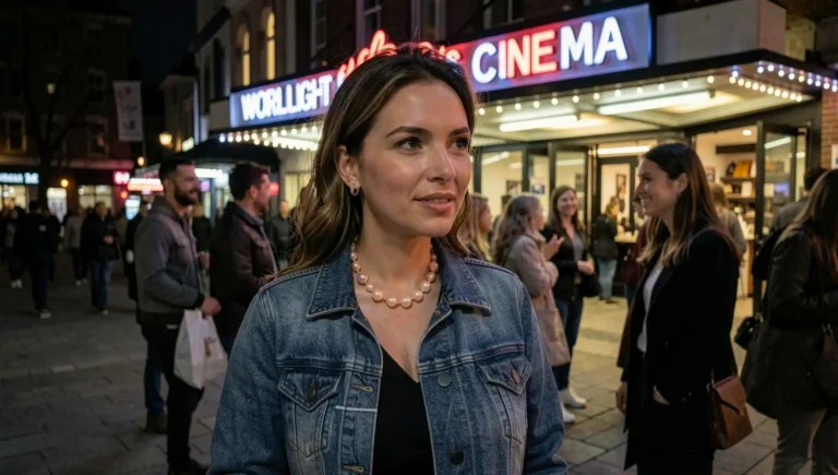 A woman wearing baroque pearls and a denim jacket