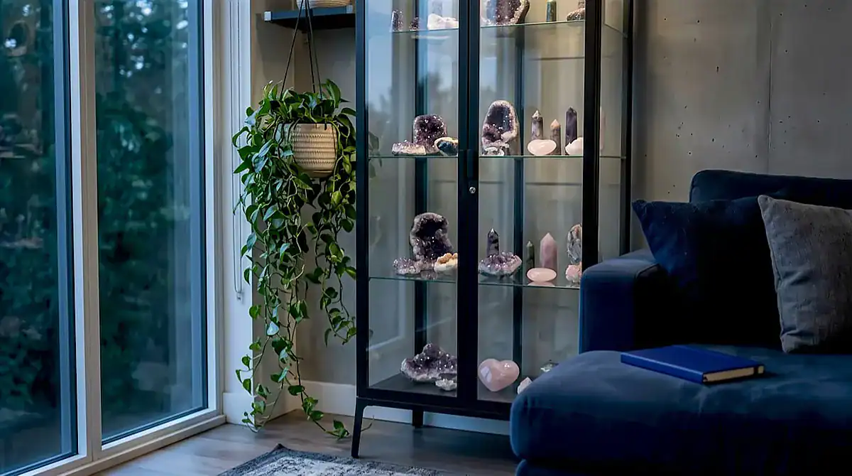 Crystal Decor Styles by Room: Your Modern Home Guide Glass cabinet with amethyst gemstone crystals