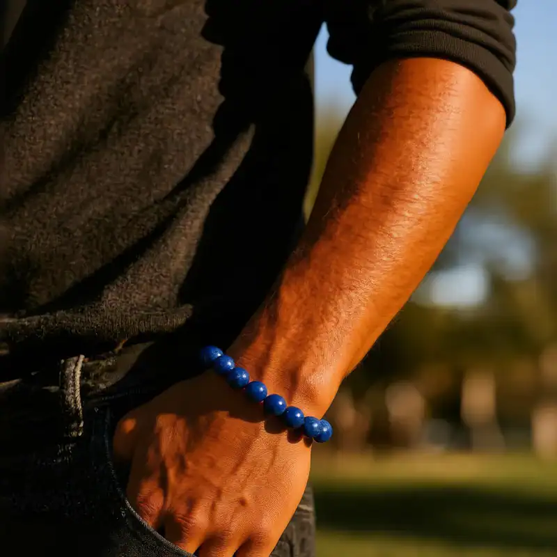 Blue Lapis Lazuli beaded bracelet on a man’s arm Blue Lapis Lazuli beaded bracelet on a man's arm