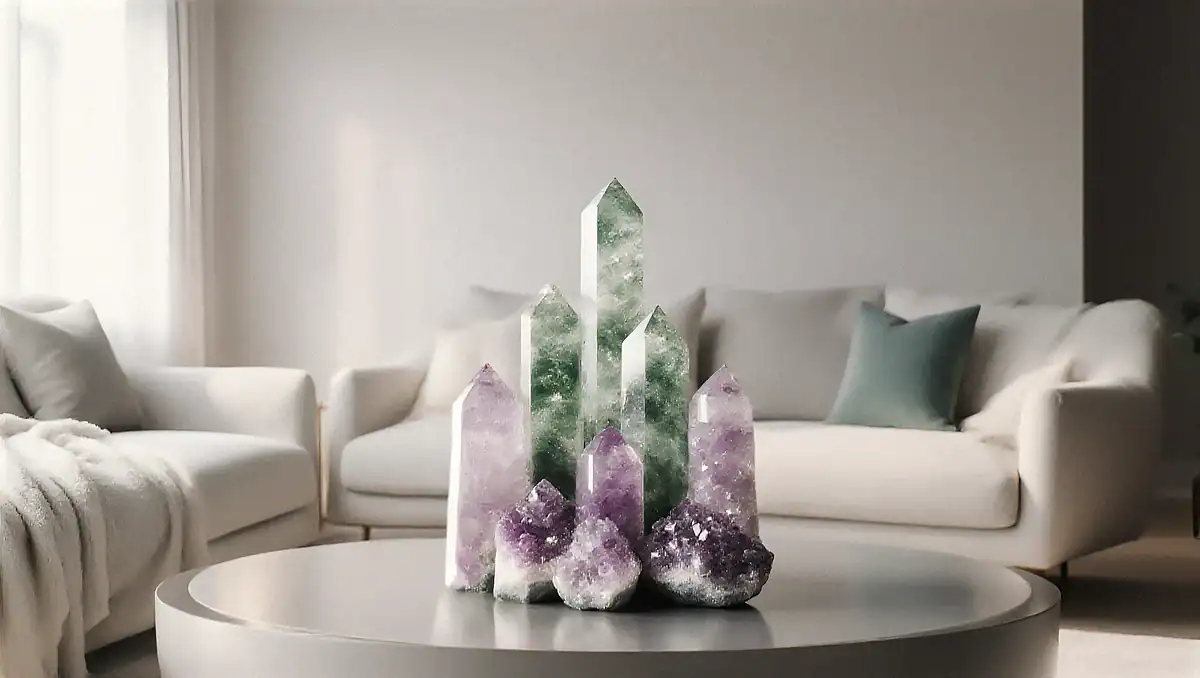 Amethyst and green fluorite crystal gemstone decor on a living room table