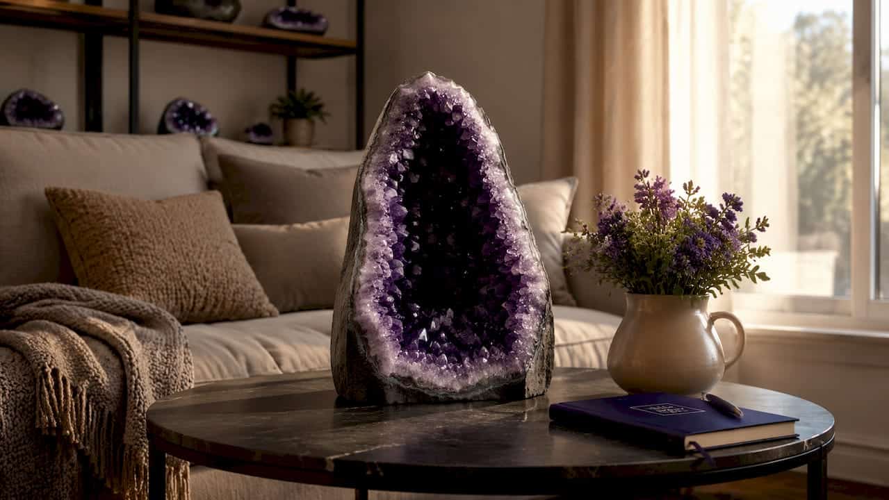 Stili di decorazione con cristalli per ogni stanza: la tua guida alla casa moderna Soggiorno con grande geode di ametista come elemento centrale.