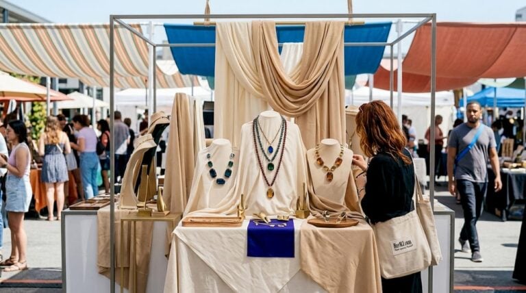 Close-up of oversized gemstone jewelry showcase