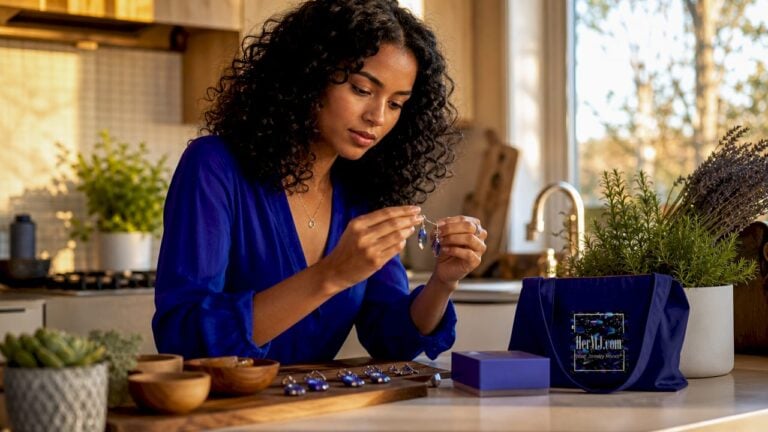 Woman examining handmade gemstone earrings at craft table
