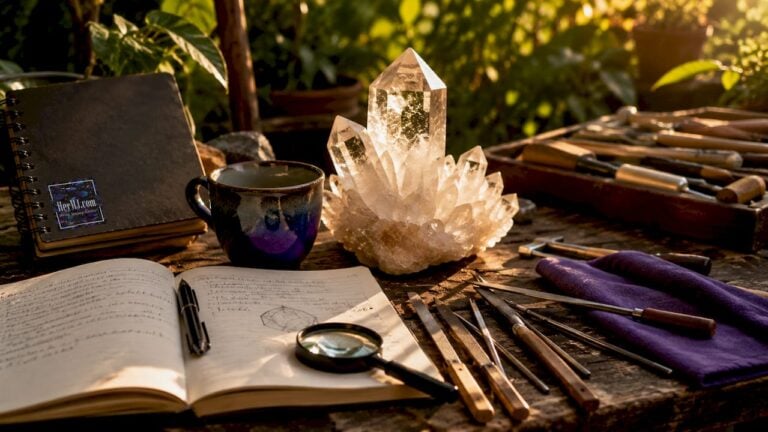 Quartz crystal centerpiece in artist studio
