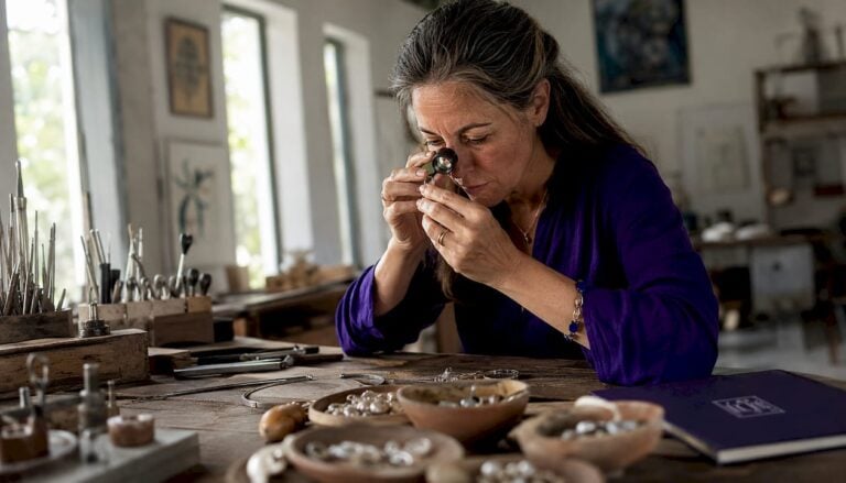 Artisan handcrafts silver ring at workbench