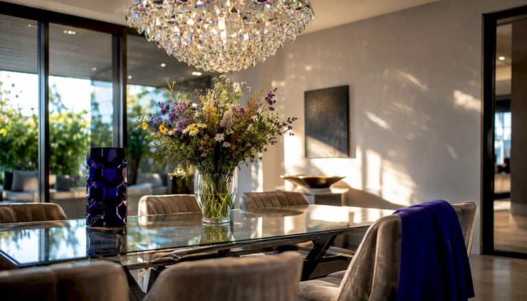 Luxury living room with crystal chandelier and light prisms