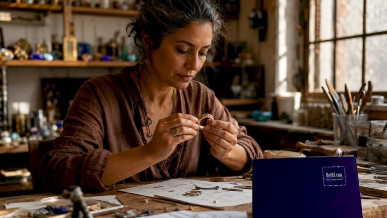 Jeweler inspecting wedding ring in workshop