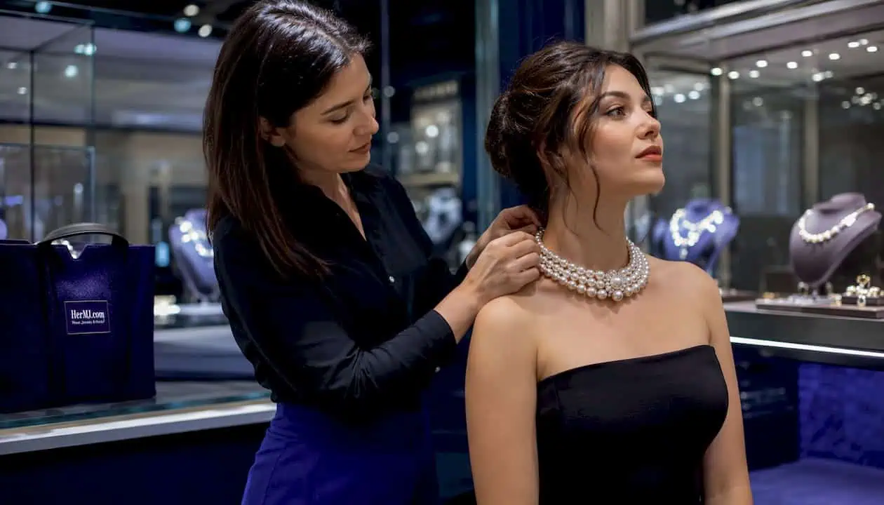 Statement Jewelry for Formal Occasions: Your Style Guide Stylist adjusting pearl statement necklace on client