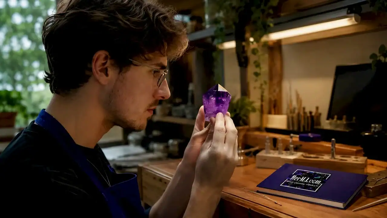 How Gemstone Cutting Shapes Light and Jewelry Design Gem cutter inspecting an amethyst crystal closely
