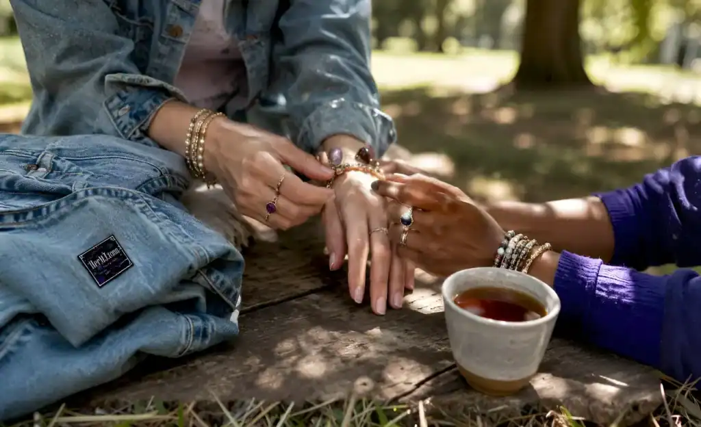 The Role of Jewelry in Fashion: Your Modern Style Guide Friends admiring layered jewelry outdoors