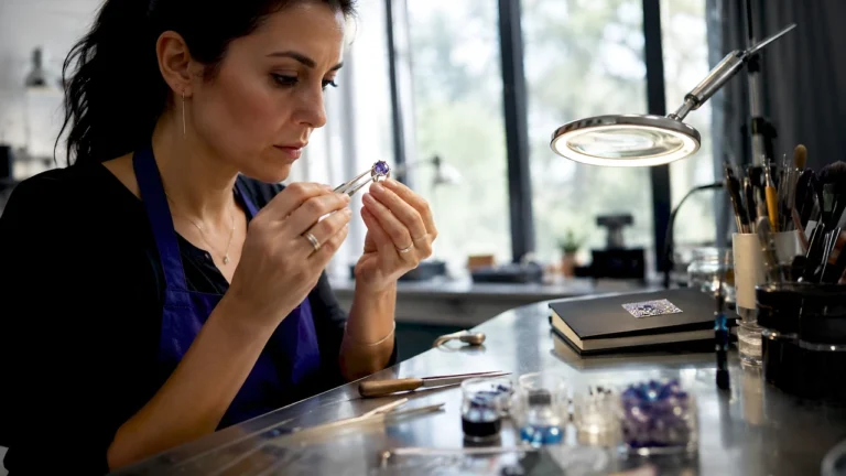 jewelry designer evaluating a gemstone setting