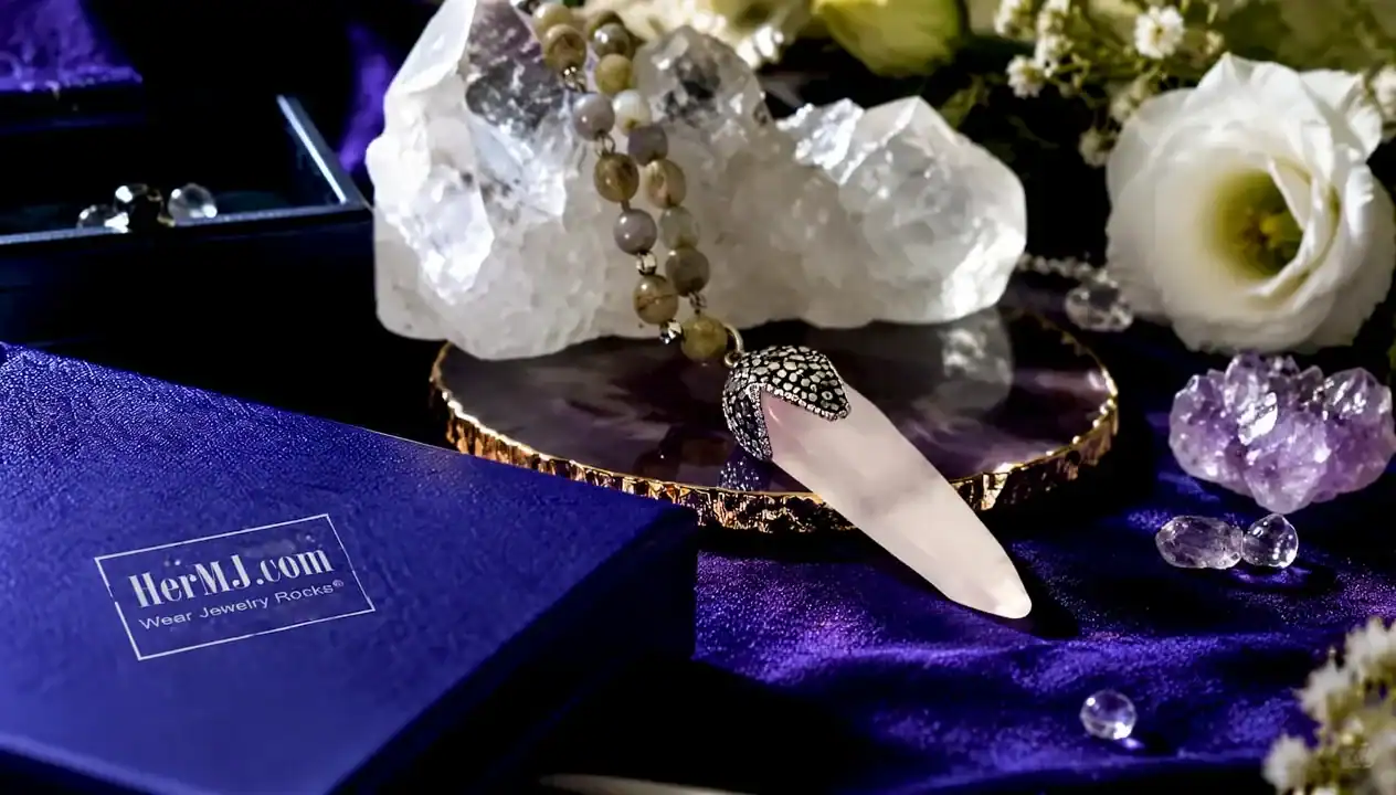 Unique Crystal Centerpiece Ideas with Gemstone Accents Rose Quartz crystal pendant necklace with gems