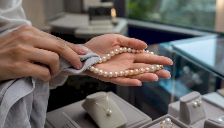 Hands gently wiping pearl necklace in jewelry storage