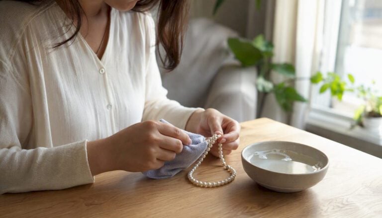 Hands gently cleaning pearl necklace with cloth
