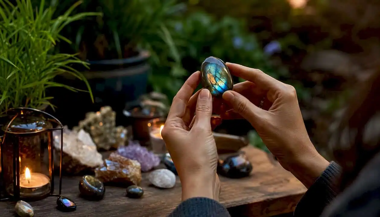 Labradorite Meaning: Transformation, Intuition, and How to Use It Hands holding labradorite crystal in ritual