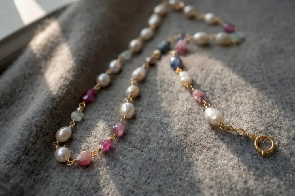 The Necklace Length Guide That Actually Makes Sense Handmade Pearl and gemstone necklace unclasped on fabric