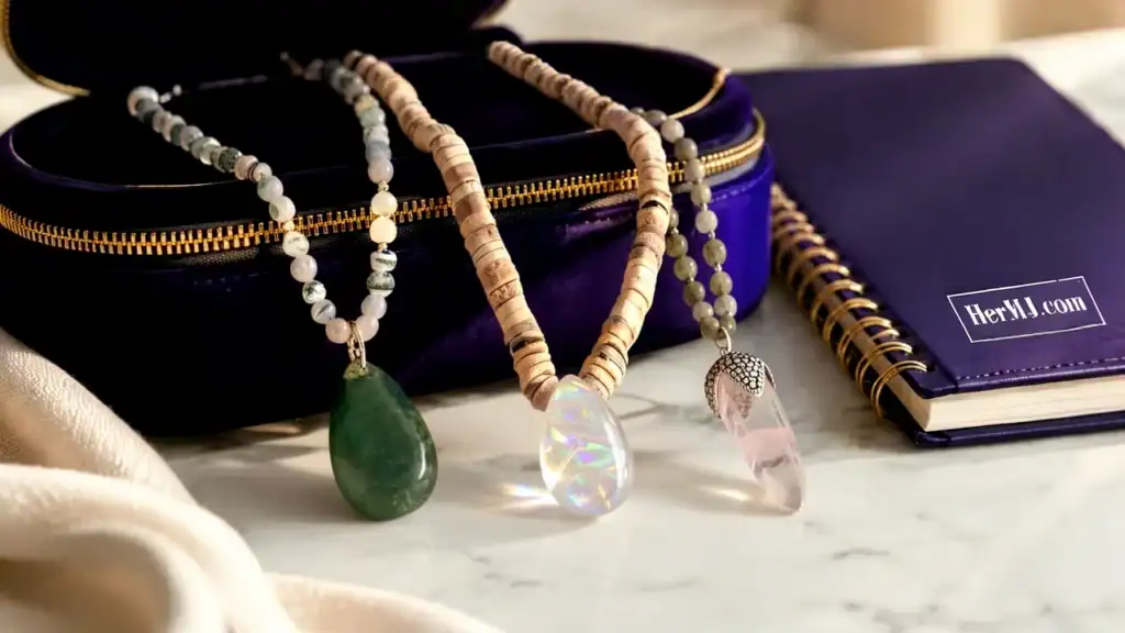 Birthstone Necklace Ideas for Gifts and Everyday Style HerMJ gemstone pendant necklaces on a desk