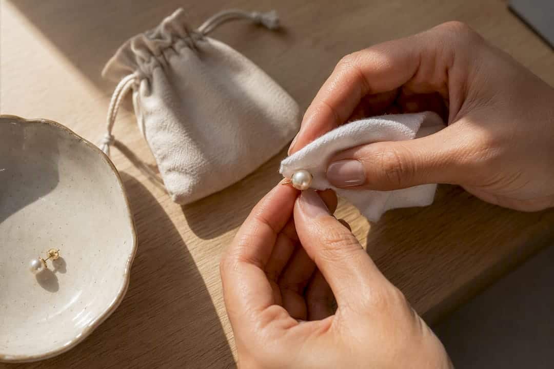 Pearl Earring Styles: When to Wear 4–12mm Studs, Drops, and Hoops Hand wiping a pearl earring with cloth