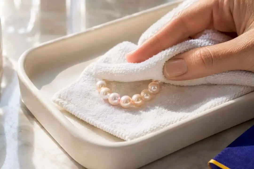 Wipe Pearls After Every Wear: How to Clean Pearls Safely Pearls drying flat on a soft towel