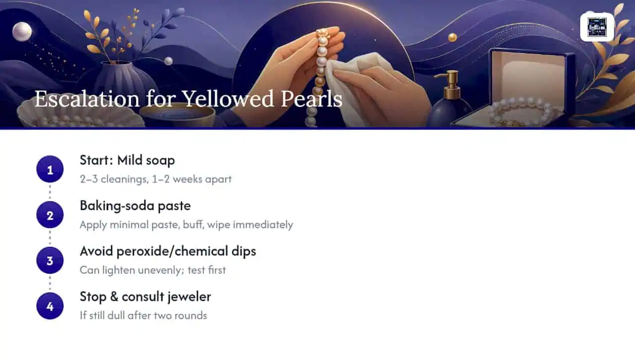 Wipe Pearls After Every Wear: How to Clean Pearls Safely Pearl cleaning escalation from soap to jeweler