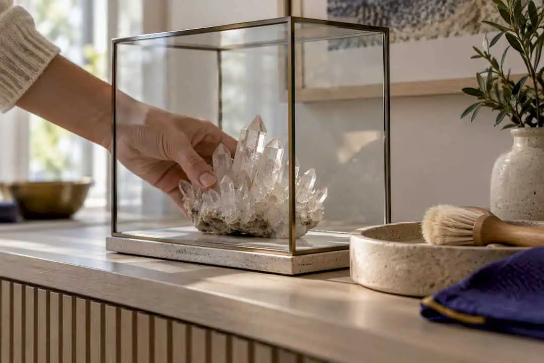 4 Quick Checks to Tell a Geode From a Cluster for Home Decor Buyers Delicate crystal cluster inside glass case