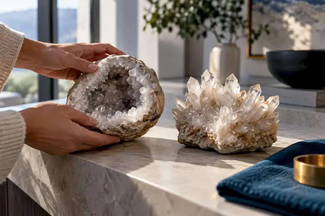 4 Quick Checks to Tell a Geode From a Cluster for Home Decor Buyers Opened geode beside radiating crystal cluster