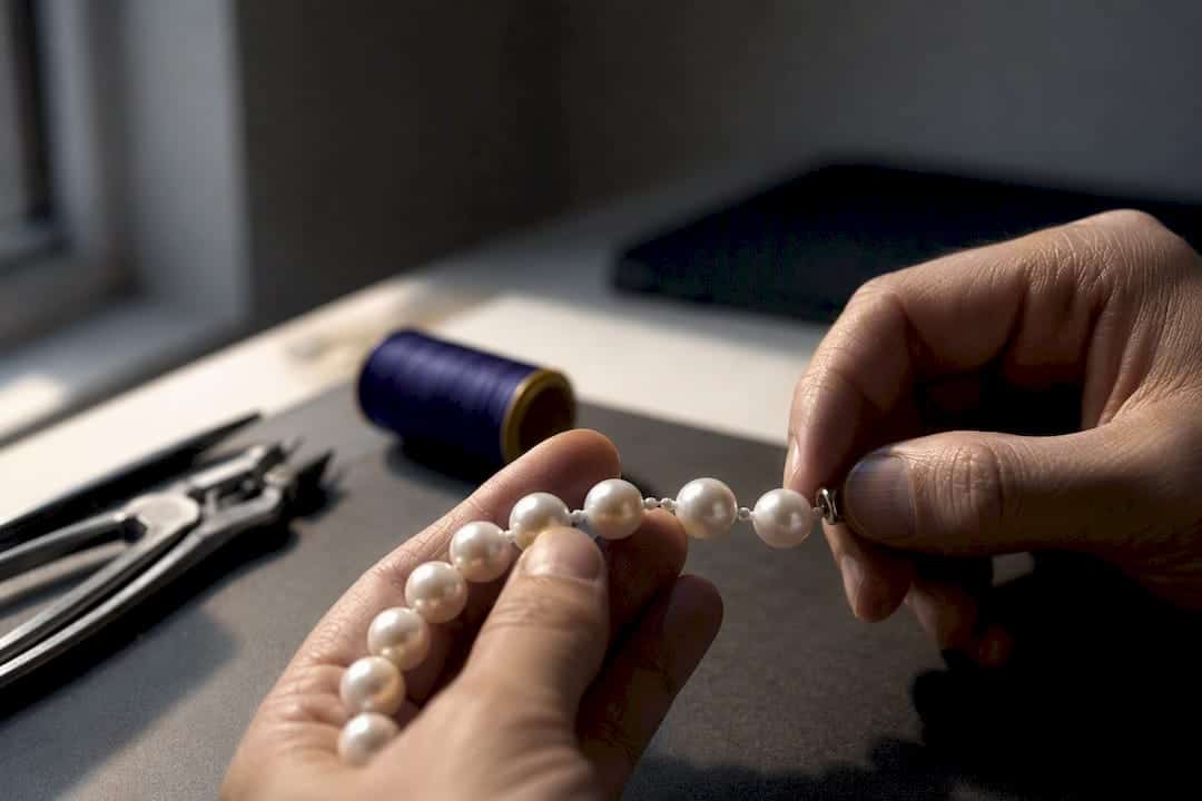 Restrung Every 1–2 Years? When to Restring Pearls and What to Ask Hands inspecting stretched silk pearl strand