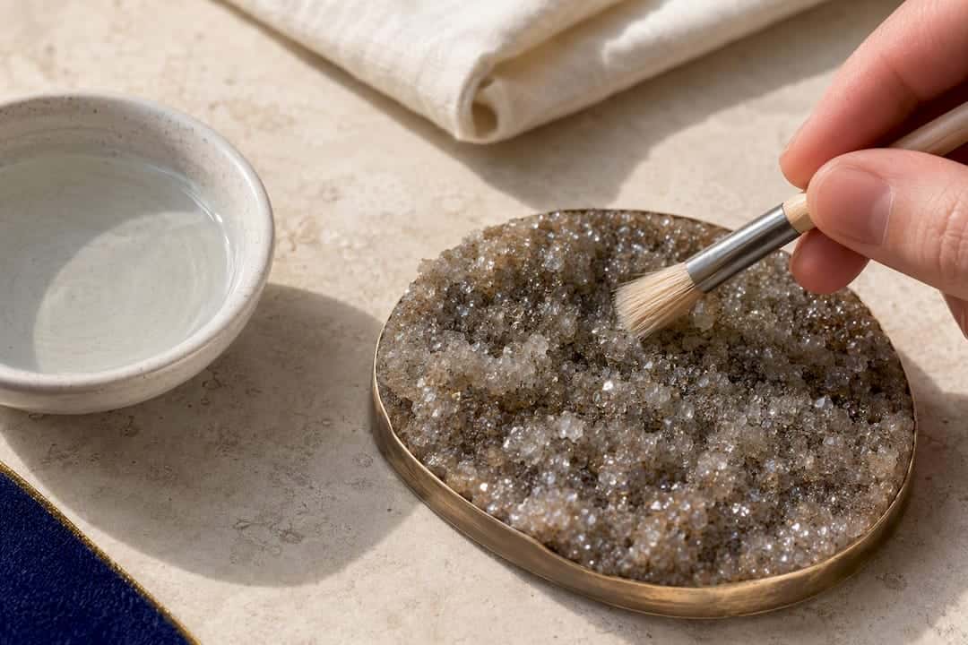 Druzy for Jewelry Buyers: Identify Real Pieces, Protect Their Sparkle Soft brush gently cleaning druzy crystal surface