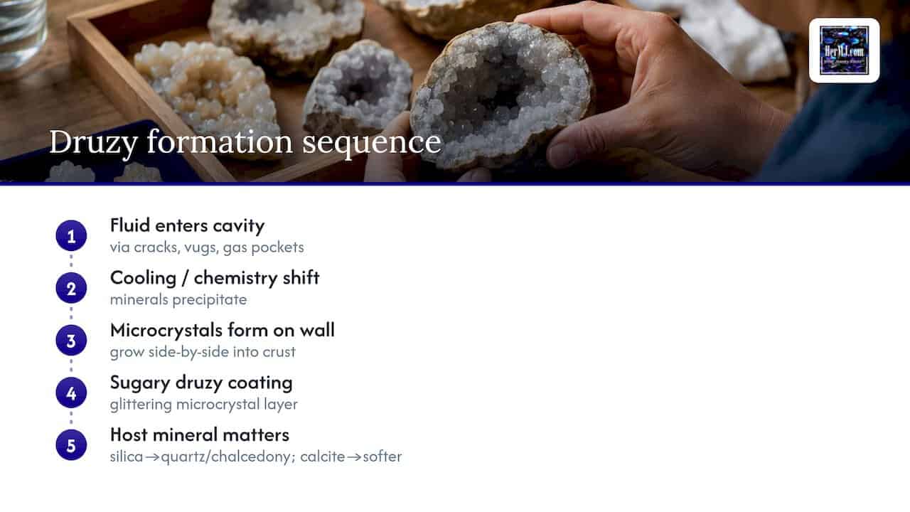 Druzy for Jewelry Buyers: Identify Real Pieces, Protect Their Sparkle Stages of druzy crystal formation inside rock