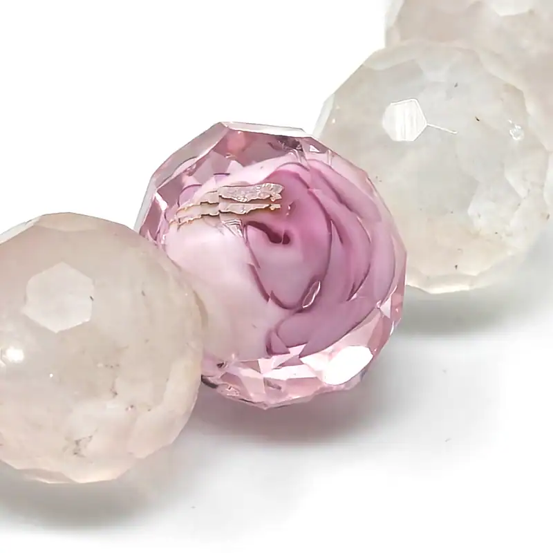 Closeup - High-Quality Rose Quartz Bracelet Pink and white faceted beads