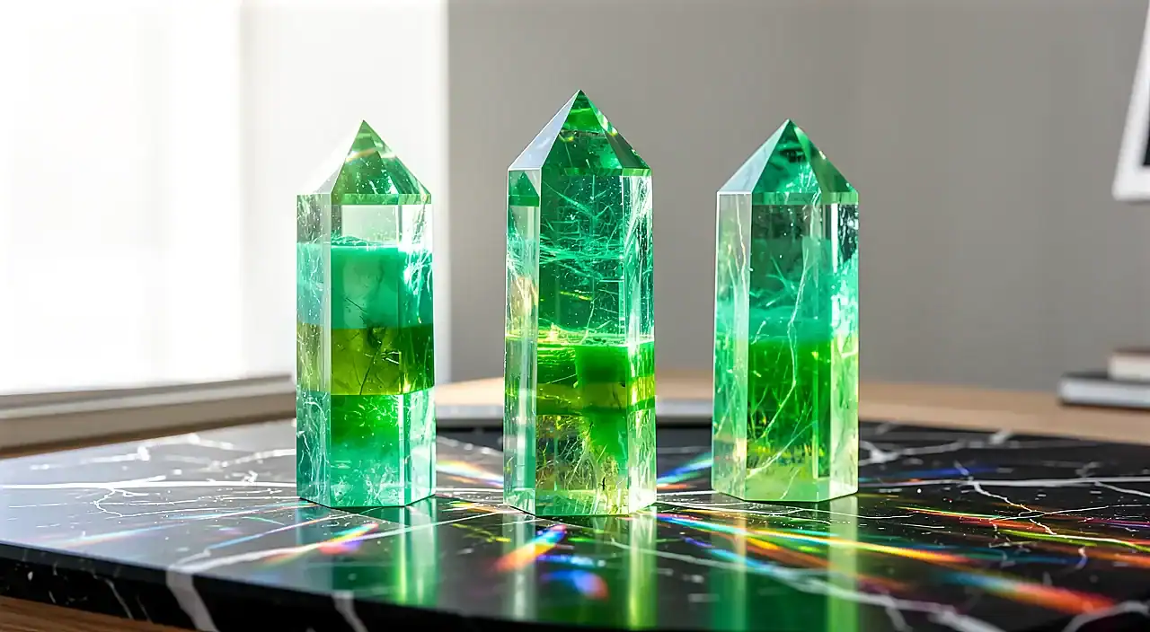 The Language of Color: A Designer’s Guide to Gemstone Meaning and Intentional Living Fluorite gemstone tower crystals on black surface