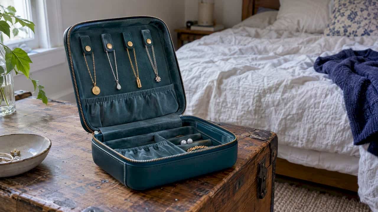 Store Necklaces Without Tangling, Then Test Your Case in 60 Seconds Necklaces secured separately inside an open travel case