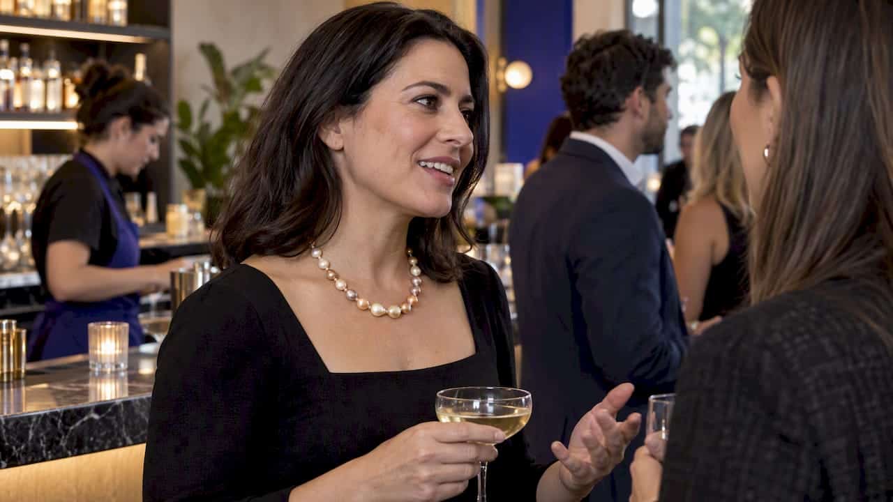 Cocktail Party Jewelry: One Focal Piece, Pearl Care, and Picks to Shop Pearl necklace worn at a cocktail gathering
