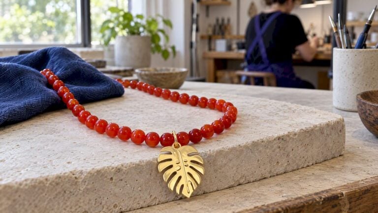 Handmade carnelian necklace in artisan studio