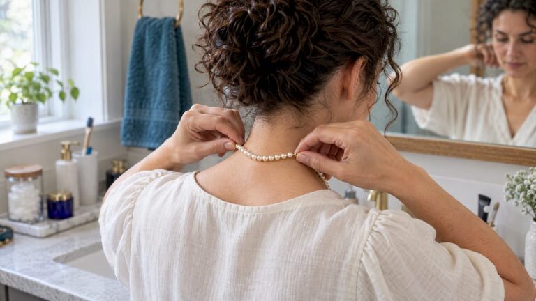 Woman fastening a freshwater pearl necklace
