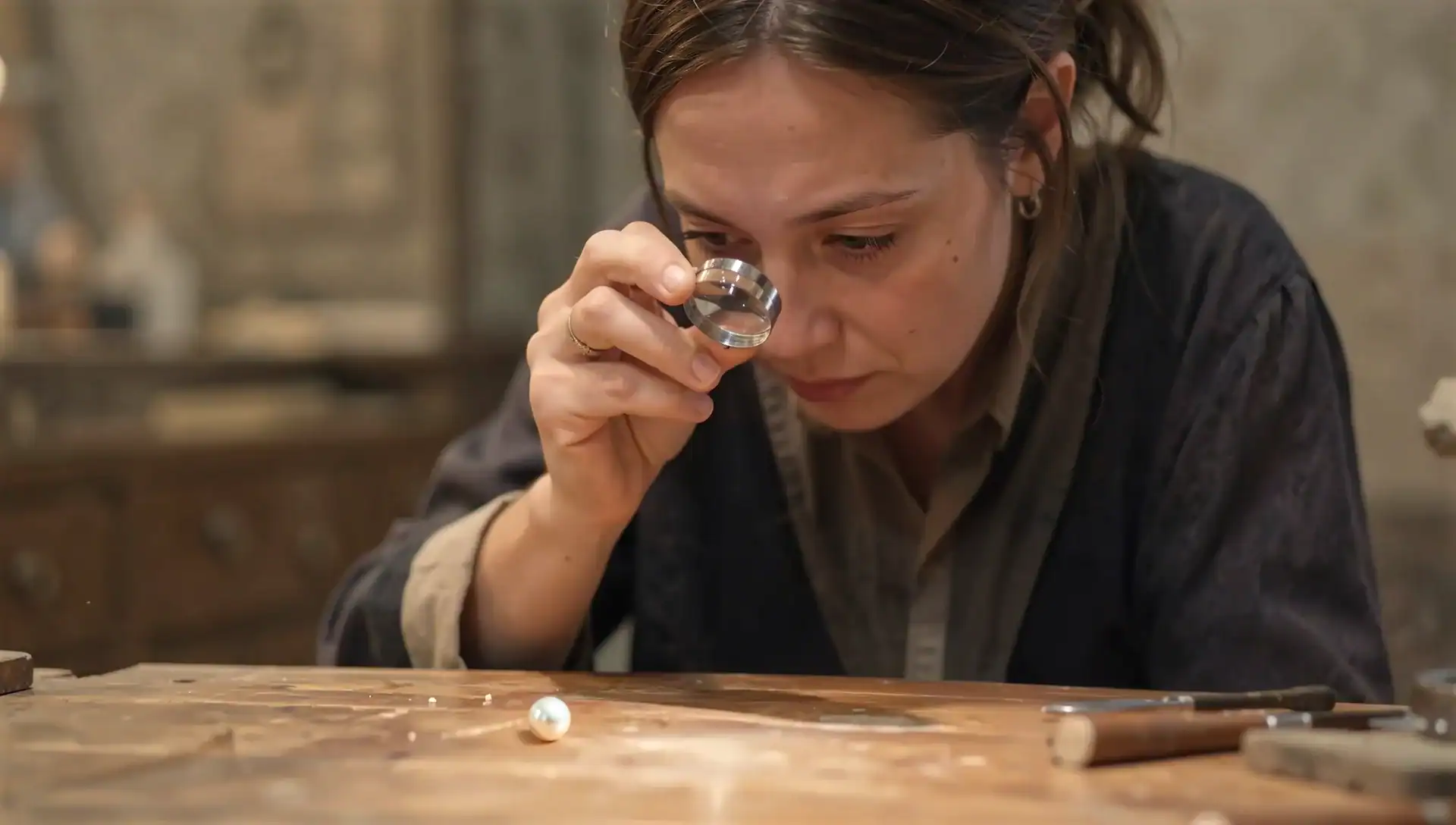 6 Quick Tests Buyers Can Do to Tell Real Pearls VS Shell Pearls Woman inspects a shell pearl with a jeweler's loupe
