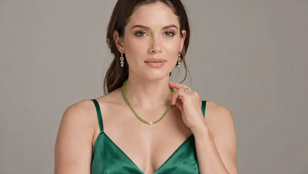 Jewelry for a Green Dress: What to Wear and Why Woman wearing HerMJ Peridot and Pearl necklace and HerMJ Dahlia Green Crystal Earrings